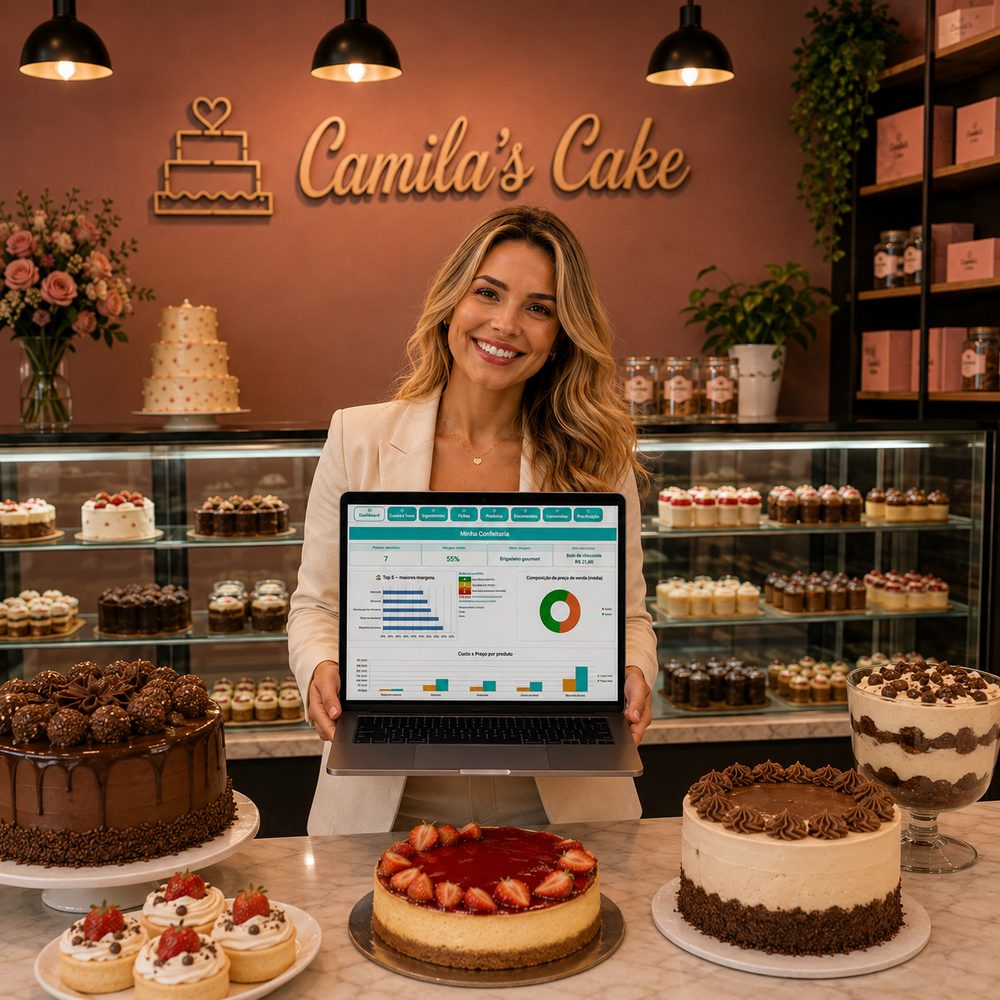 Confeiteira tranquila com a planilha aberta no notebook, cercada de doces