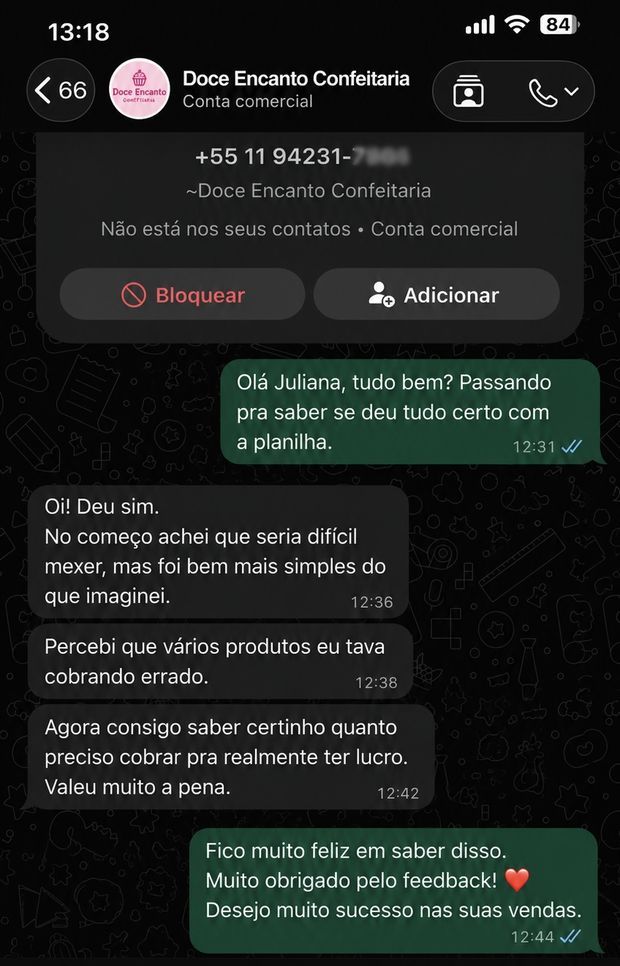 Conversa real no WhatsApp com a cliente Doce Encanto Confeitaria elogiando a planilha