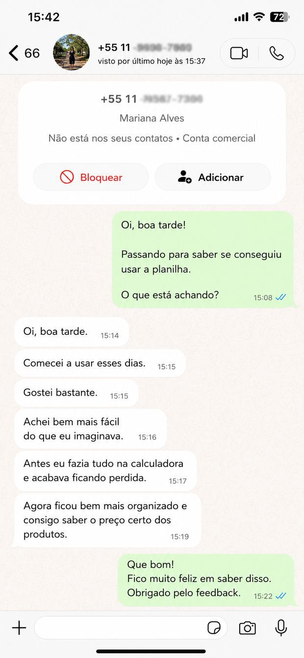 Conversa real no WhatsApp com a cliente Mariana Alves elogiando a planilha